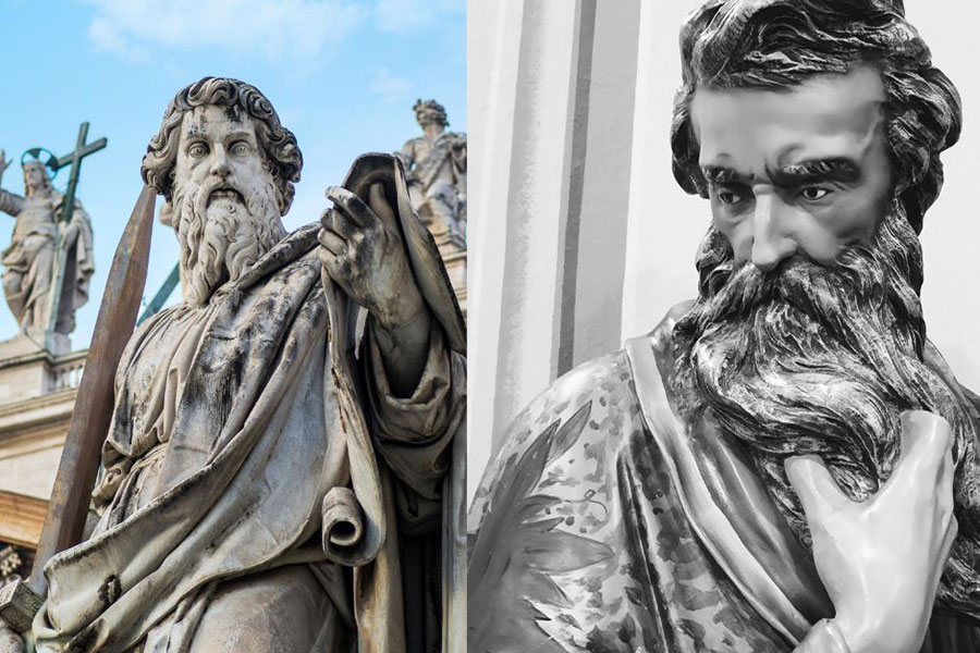 a black and white rendition of Saint Peter next to a statue of Saint Paul